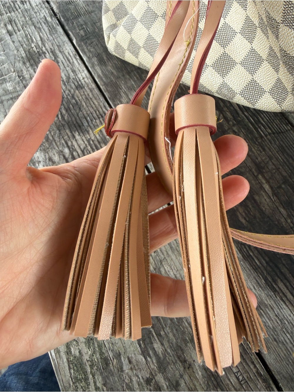 Designer-Style Cream checkered Shoulder Bag with Tan Trim and leather tassels - Picture 7 of 14